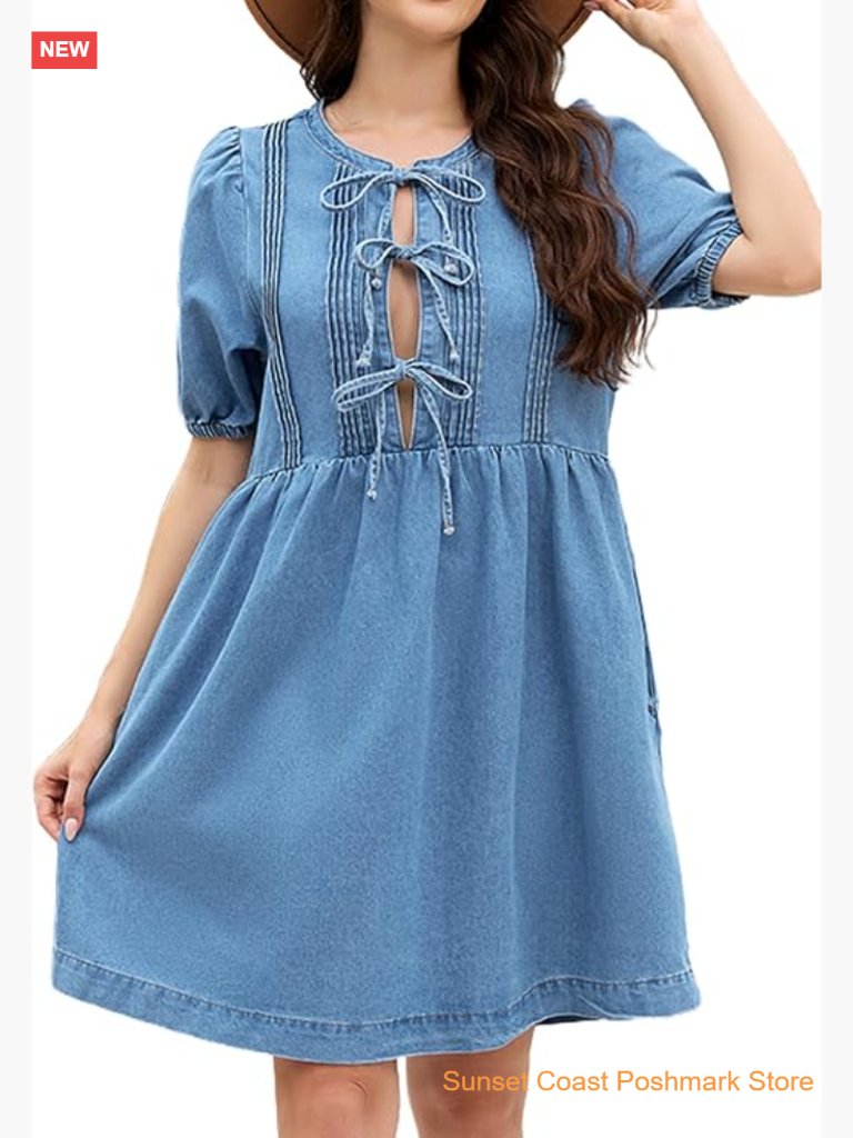 Babydoll Denim Dress Puff Short Sleeve Jean Romper Bow Tie Neckline Mini